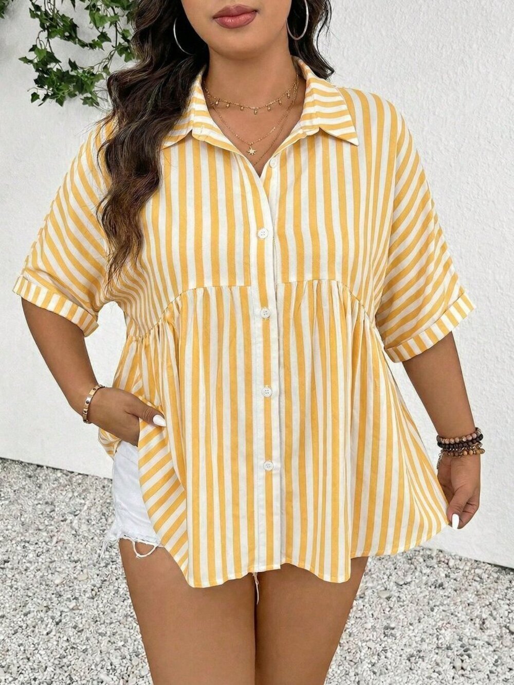 Yellow Chic Women's Striped Print Button Down Short Sleeve Top - Picture 5 of 7